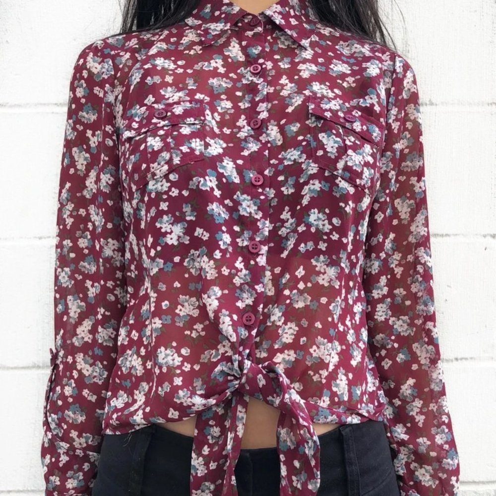 Floral Maroon Front Tie-up Blouse